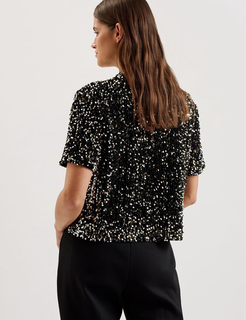 Black Women Ted Baker ZARHAAA - Sequined Velvet Short Sleeve Top Casual Shirts | SA  IWY-398172