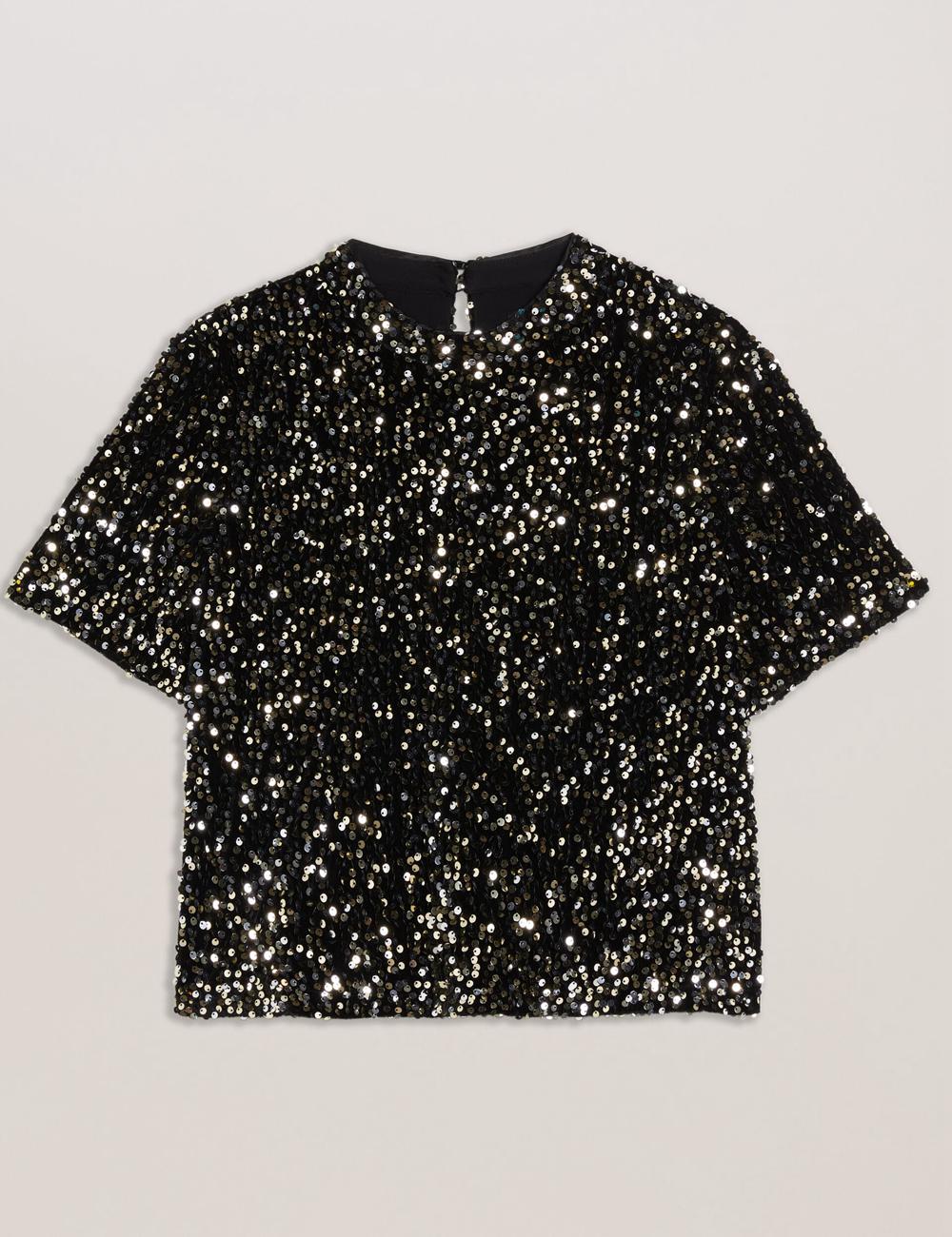 Black Women Ted Baker ZARHAAA - Sequined Velvet Short Sleeve Top Casual Shirts | SA  IWY-398172