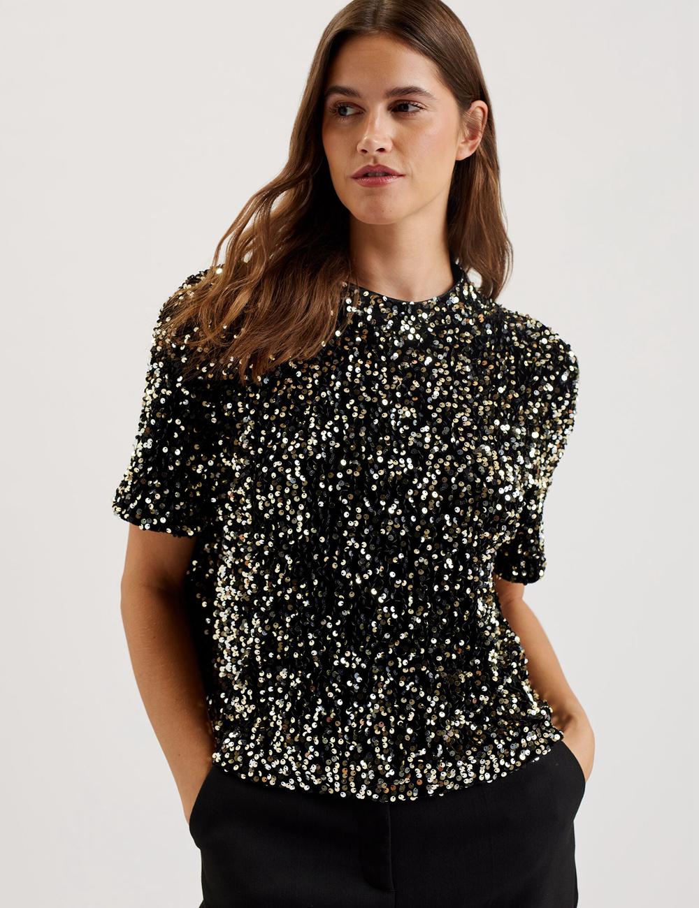 Black Women Ted Baker ZARHAAA - Sequined Velvet Short Sleeve Top Casual Shirts | SA  IWY-398172