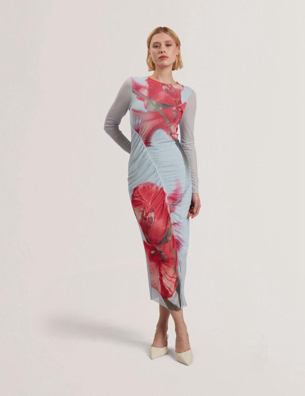 Blue Women Ted Baker BOXNINE - Printed Mesh Gathering Bodycon Midi Dresses | SA  DJZ-962853