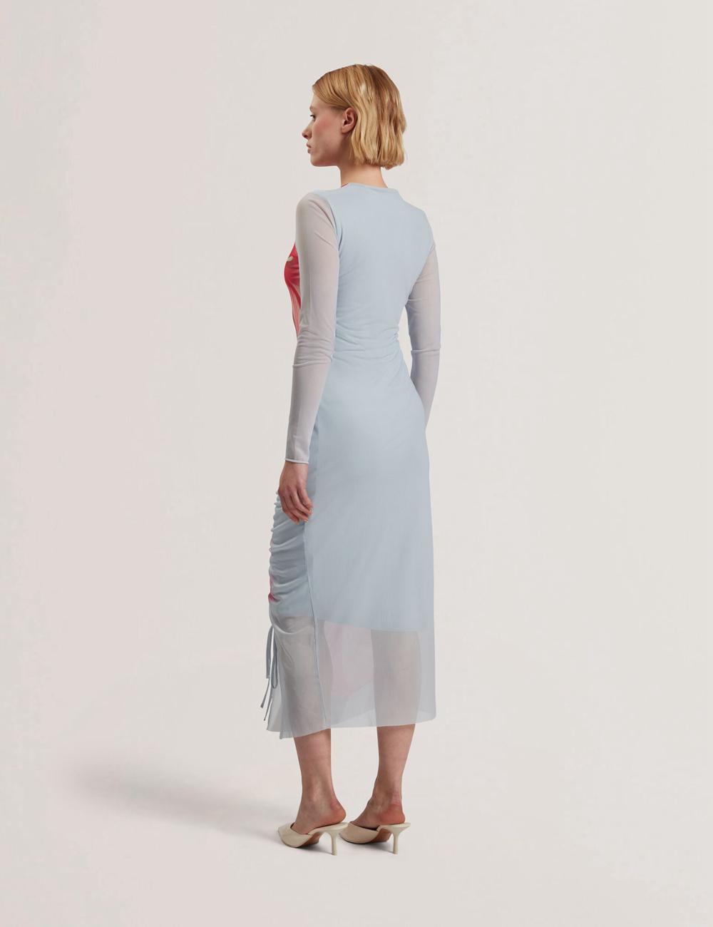 Blue Women Ted Baker BOXNINE - Printed Mesh Gathering Bodycon Midi Dresses | SA  DJZ-962853
