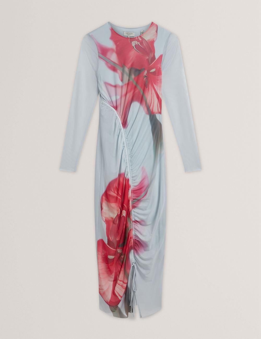 Blue Women Ted Baker BOXNINE - Printed Mesh Gathering Bodycon Midi Dresses | SA  DJZ-962853
