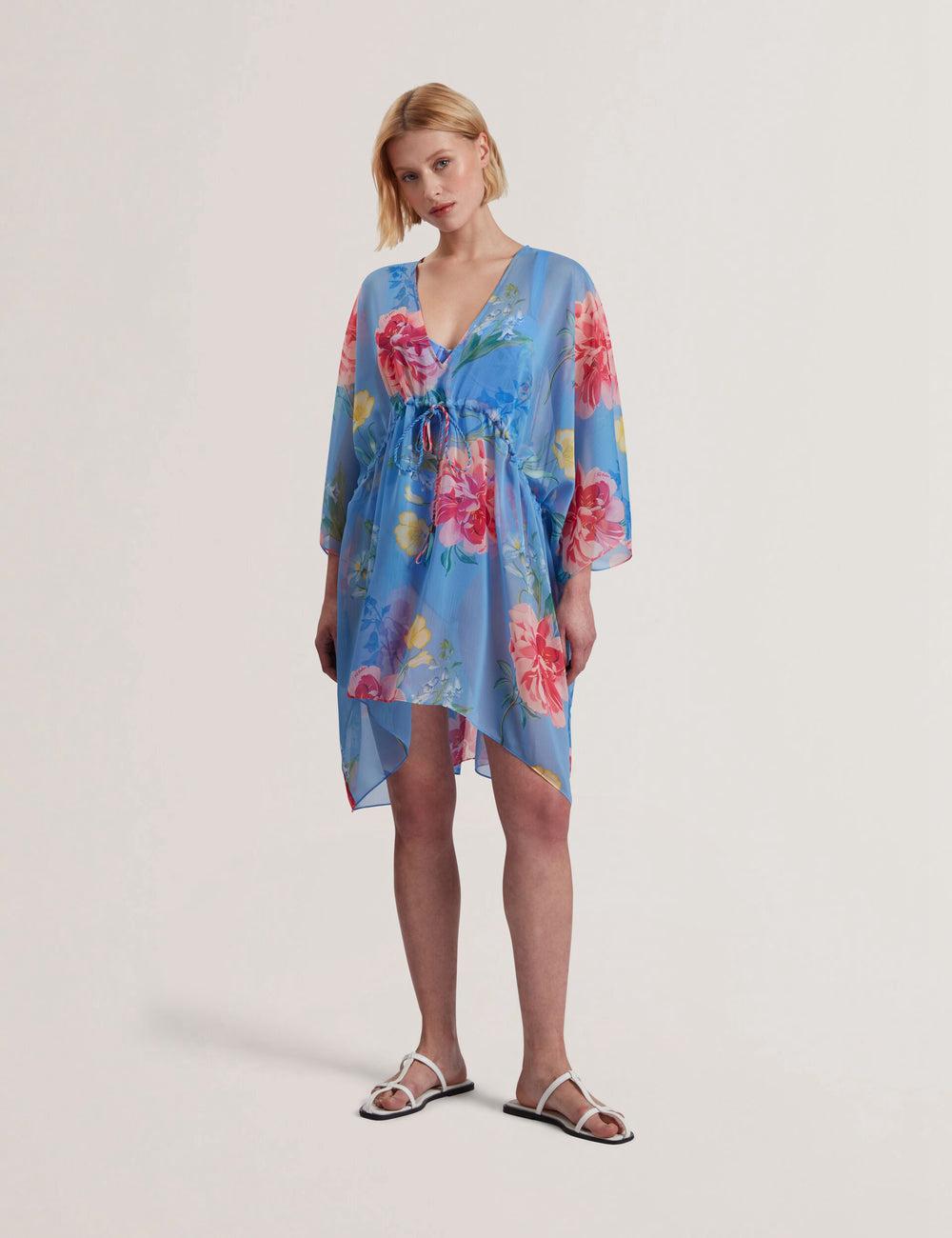 Blue Women Ted Baker LARJA - Floral Print Chiffon Mini Beach Kaftan Cover Ups | SA  STI-265904
