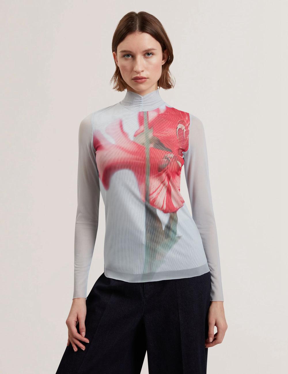Blue Women Ted Baker PIPYA - Floral High Neck Long Sleeve Mesh Tops | SA  ORP-618579
