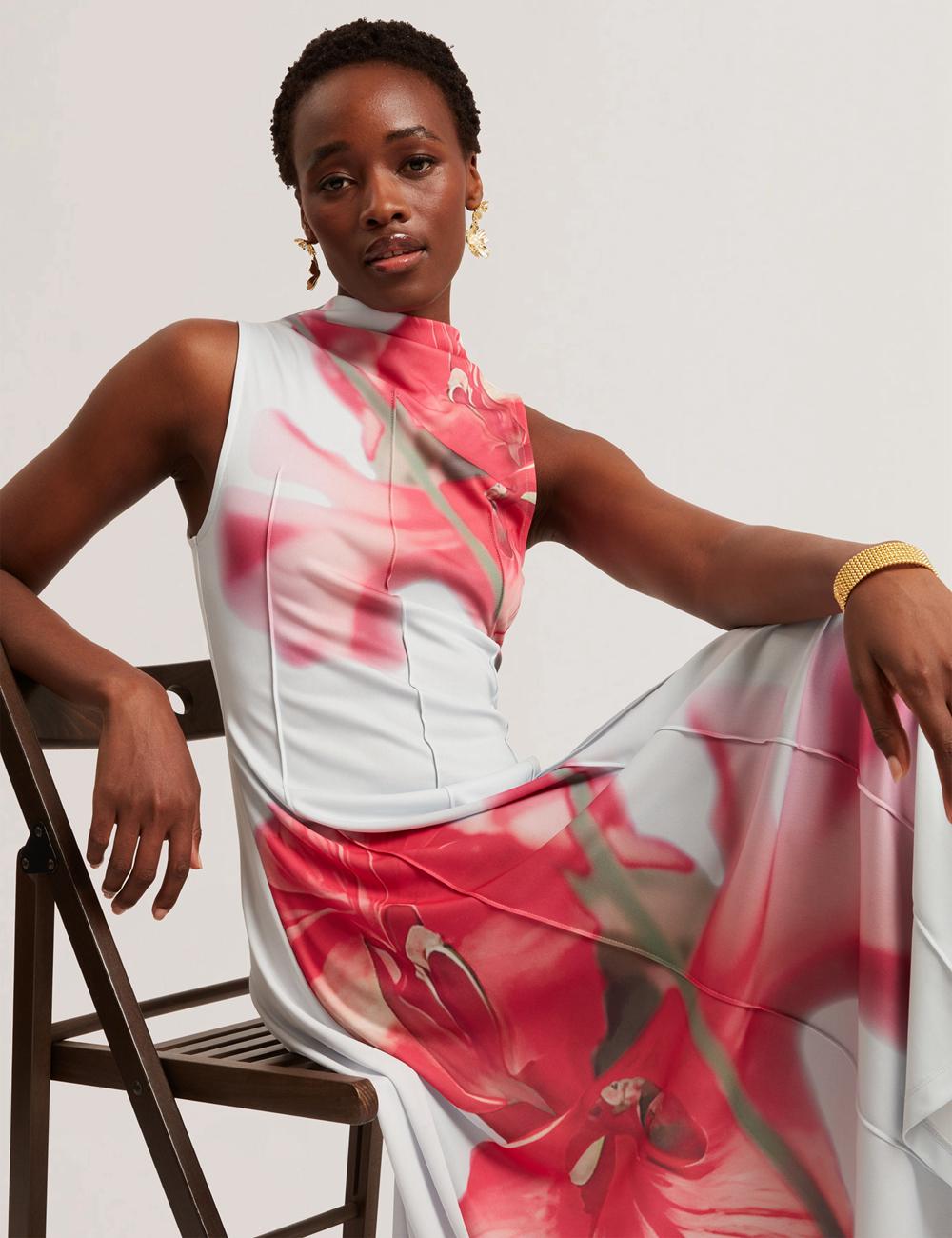Blue Women Ted Baker REBEHKA - High Neck Printed Jersey Midi Dresses | SA  TAS-054198