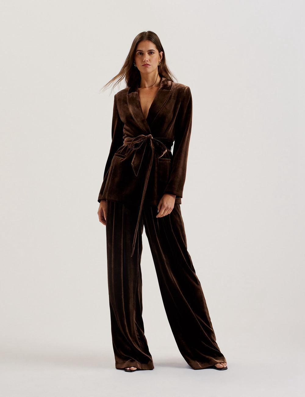 Brown Women Ted Baker MOMIJIT - Velvet Pleated Wide Leg Trousers | SA  VTA-037256