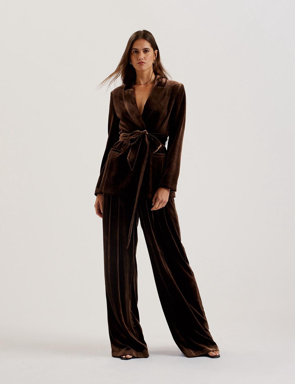 Brown Women Ted Baker MOMIJIT - Velvet Pleated Wide Leg Trousers | SA  VTA-037256
