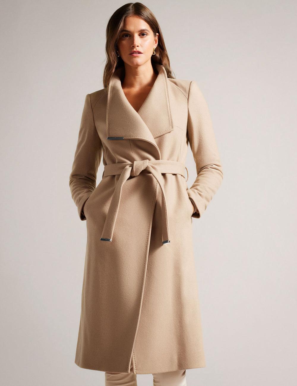 Camel Women Ted Baker ROSE - Midi Length Belted Wool Wrap Coat Jackets | SA  SDI-548097