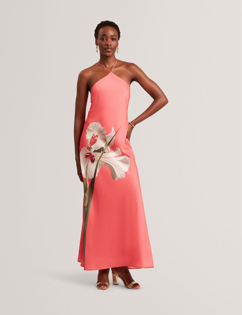 Coral Women Ted Baker AJIMA - Floral Graphic Halter Neck Satin Maxi Dresses | SA  ACQ-062897