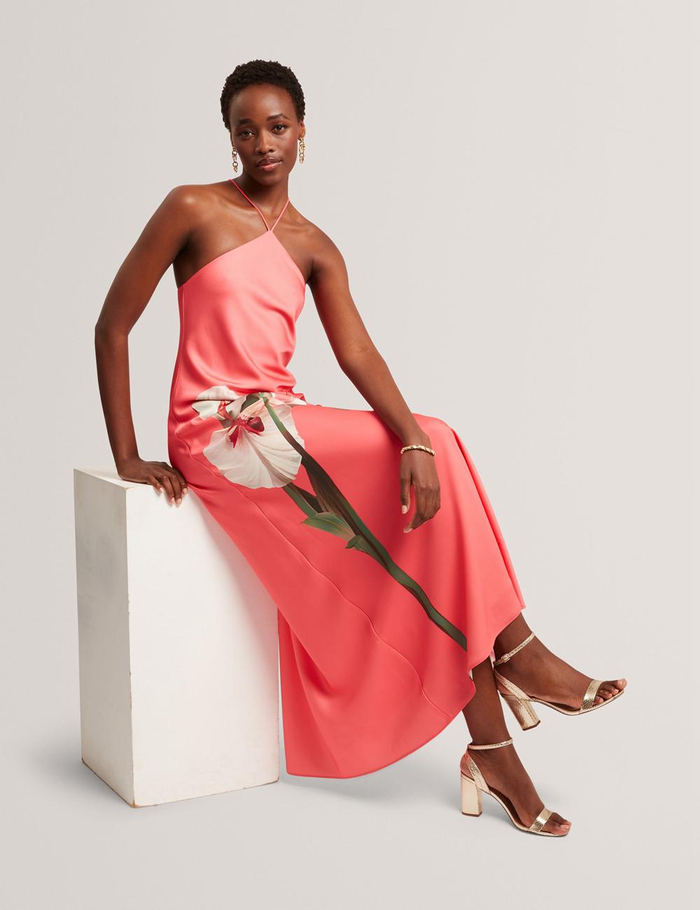 Coral Women Ted Baker AJIMA - Floral Graphic Halter Neck Satin Maxi Dresses | SA  ACQ-062897