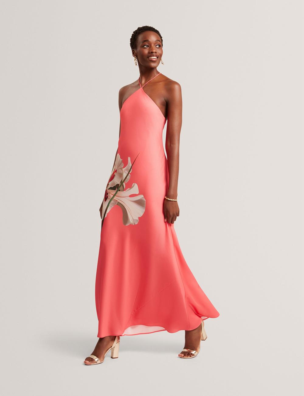 Coral Women Ted Baker AJIMA - Floral Graphic Halter Neck Satin Maxi Dresses | SA  ACQ-062897