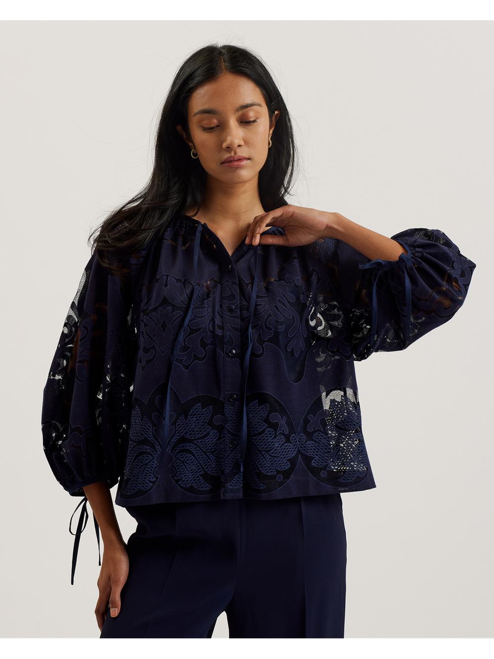 Dk-Blue Women Ted Baker BACINA - Lace 3/4 Balloon Sleeve Blouses | SA  TVZ-634958