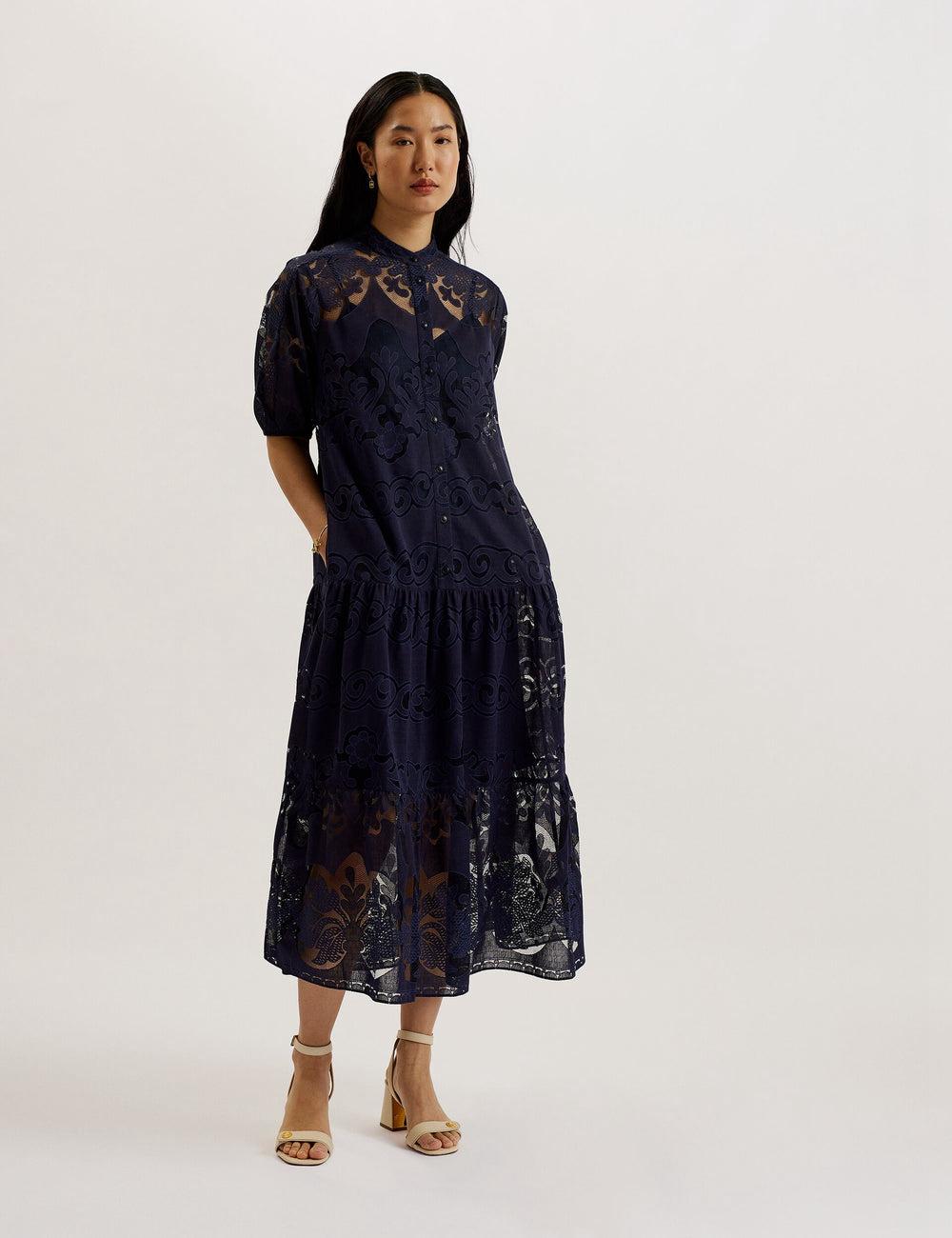 Dk-Blue Women Ted Baker XATIVA - Lace Puff Sleeve Midi Shift Midi Dresses | SA  NBU-347560