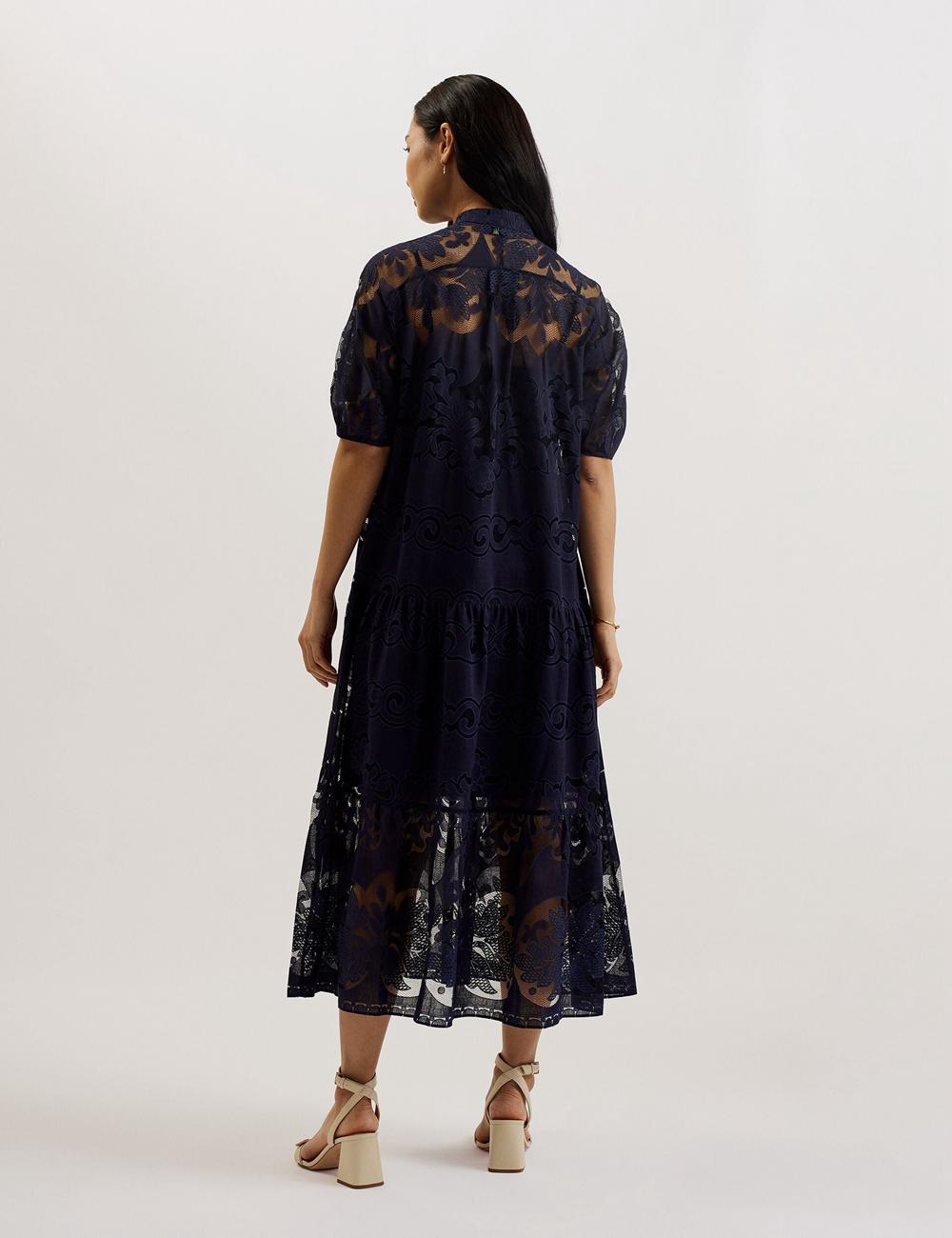Dk-Blue Women Ted Baker XATIVA - Lace Puff Sleeve Midi Shift Midi Dresses | SA  NBU-347560