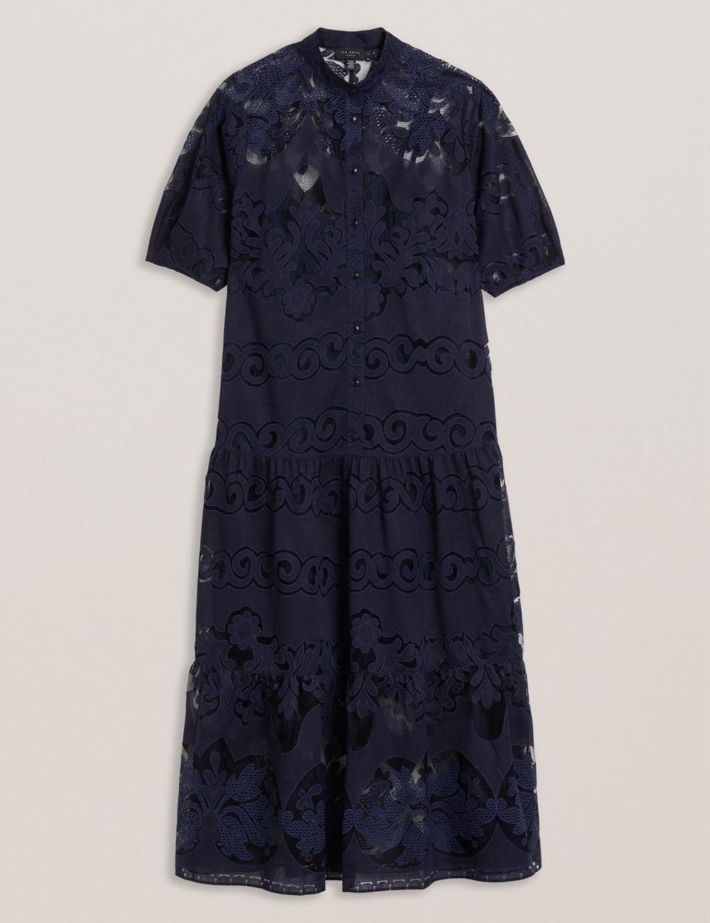 Dk-Blue Women Ted Baker XATIVA - Lace Puff Sleeve Midi Shift Midi Dresses | SA  NBU-347560