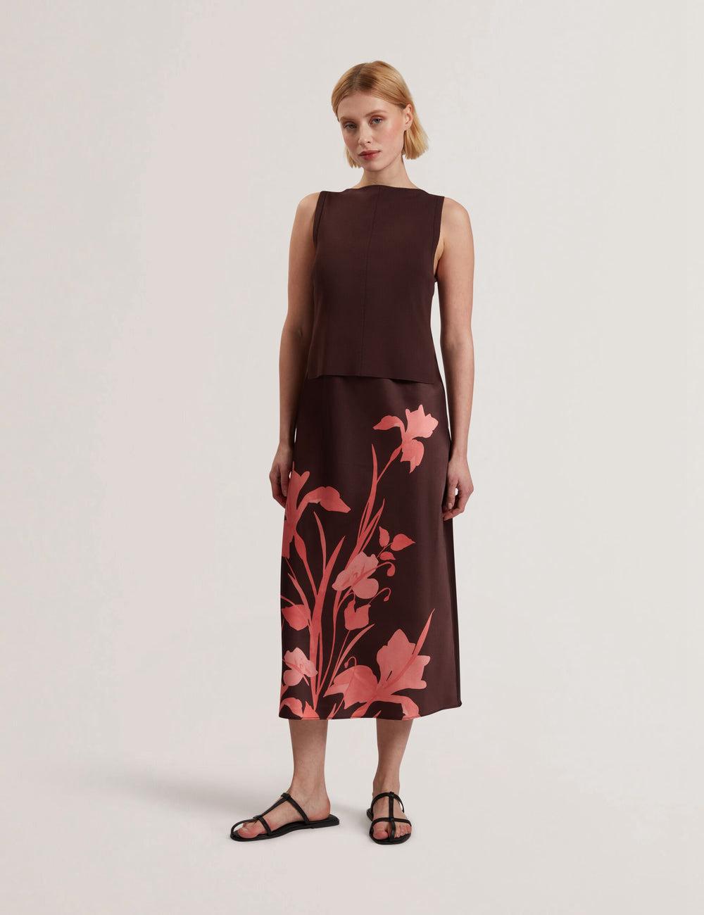 Dk-Brown Women Ted Baker LATTENA - Printed Satin With Removable Tank Midi Dresses | SA  HXW-581962