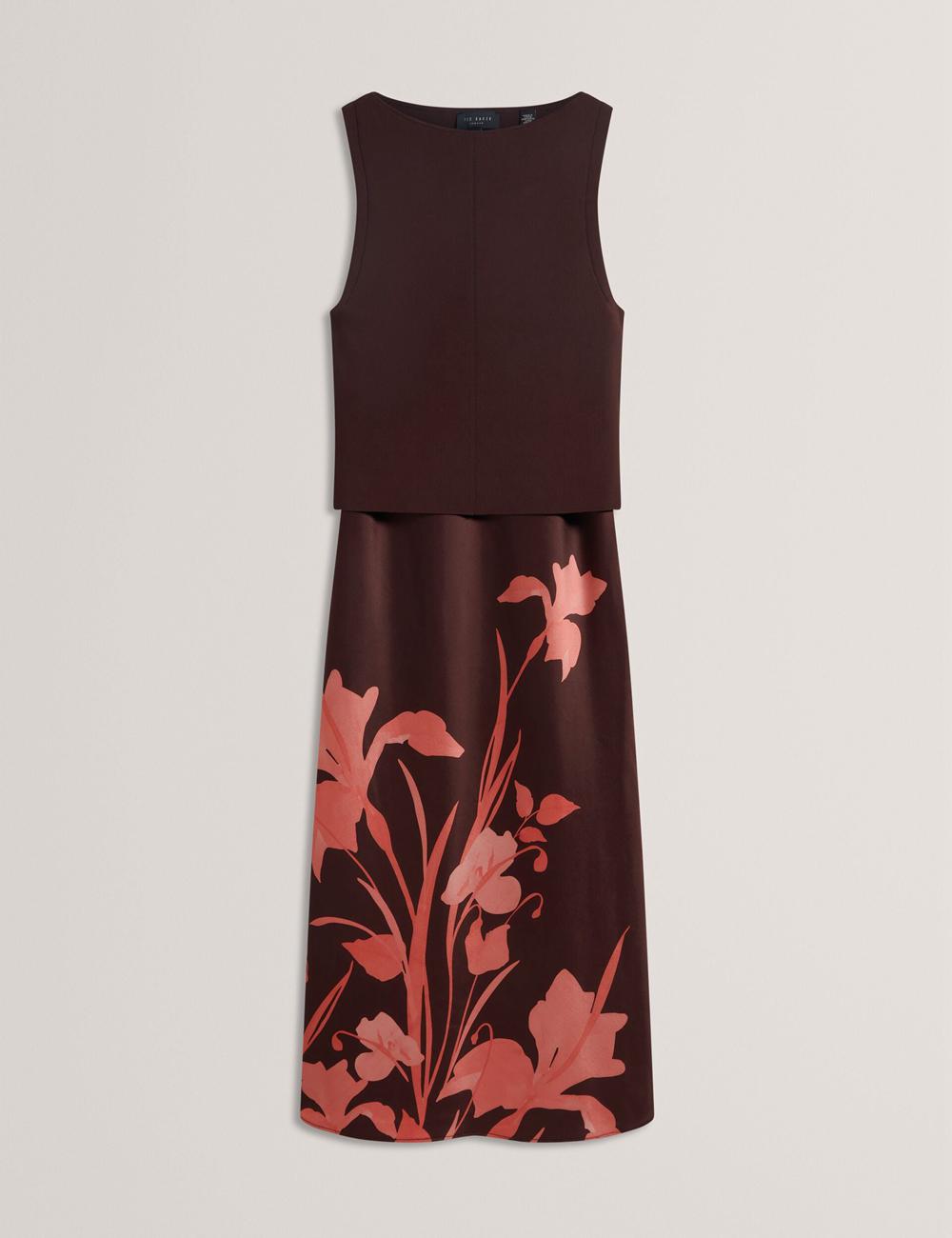 Dk-Brown Women Ted Baker LATTENA - Printed Satin With Removable Tank Midi Dresses | SA  HXW-581962