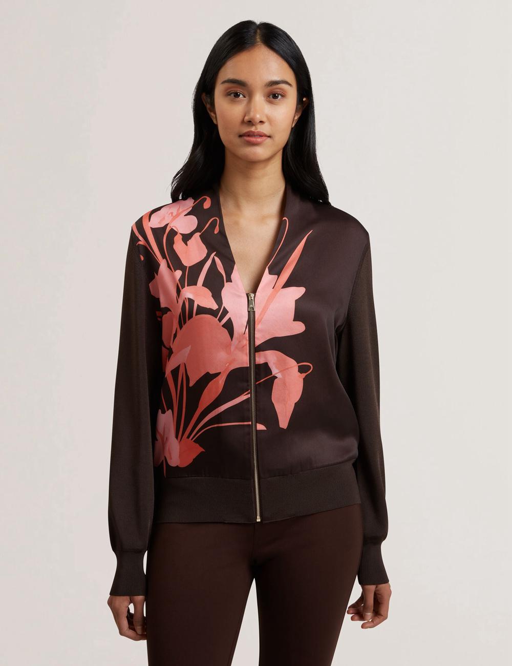 Dk-Brown Women Ted Baker MATIINA - Printed Front Zip-Up Bomber Cardigans | SA  XYV-735062
