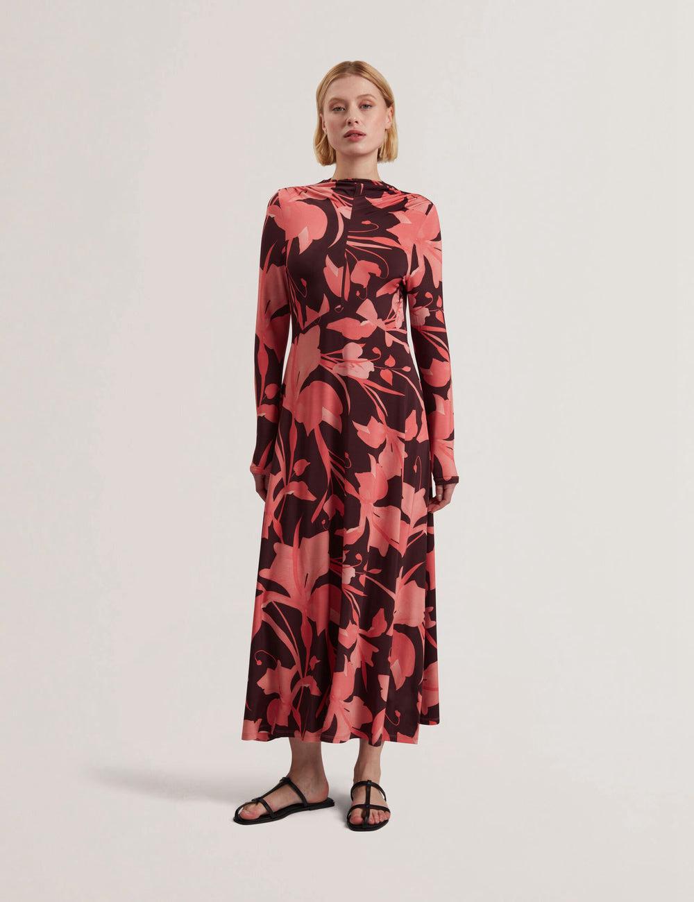 Dk-Brown Women Ted Baker STARLAH - Slinky Printed Jersey Long Sleeve Midi Dresses | SA  PUN-078126
