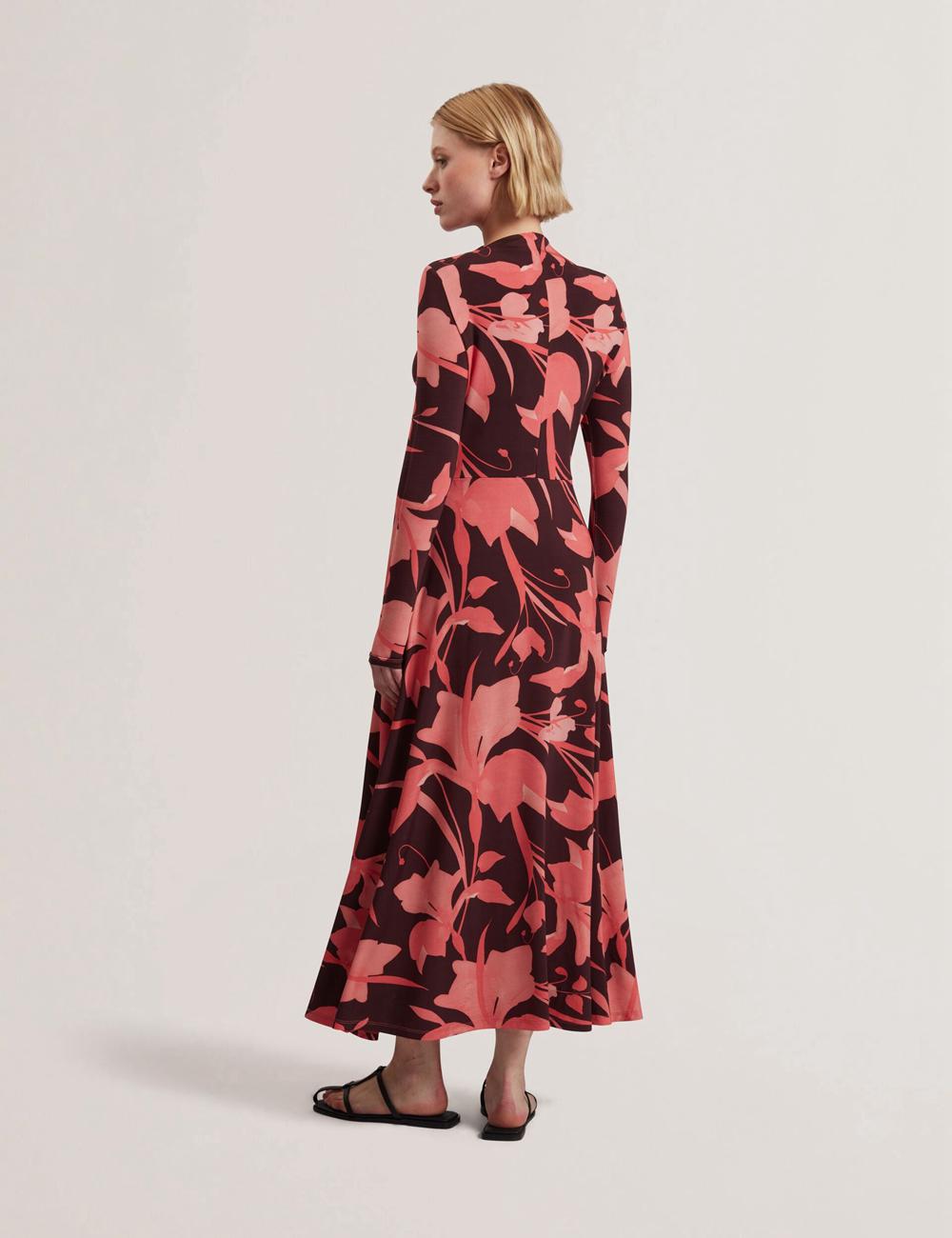 Dk-Brown Women Ted Baker STARLAH - Slinky Printed Jersey Long Sleeve Midi Dresses | SA  PUN-078126