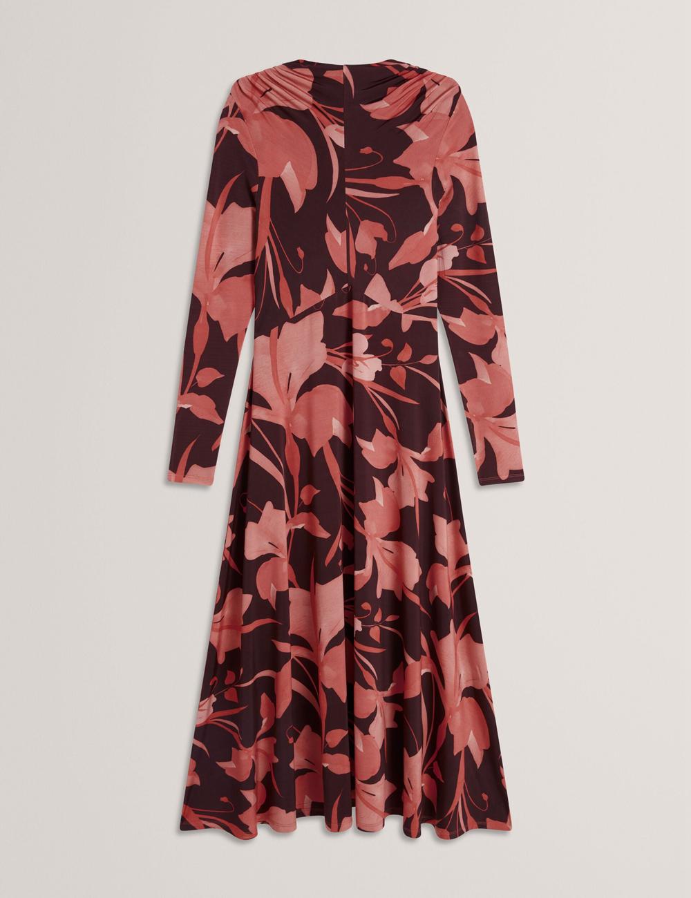 Dk-Brown Women Ted Baker STARLAH - Slinky Printed Jersey Long Sleeve Midi Dresses | SA  PUN-078126