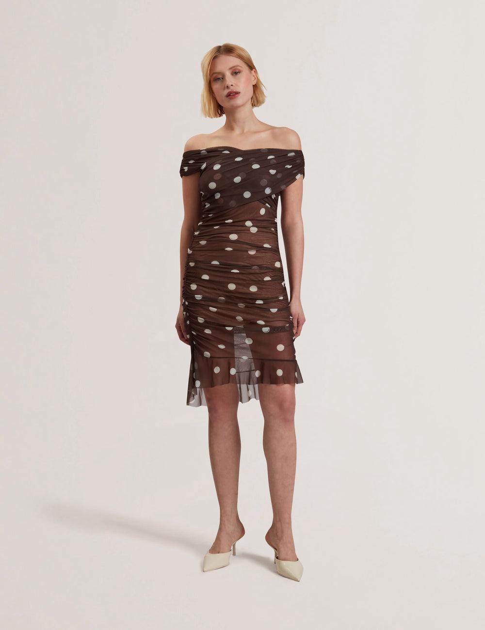 Dk-Brown Women Ted Baker TILDAHH - Off-Shoulder Polka Dot Mesh Mini Dresses | SA  WET-429673