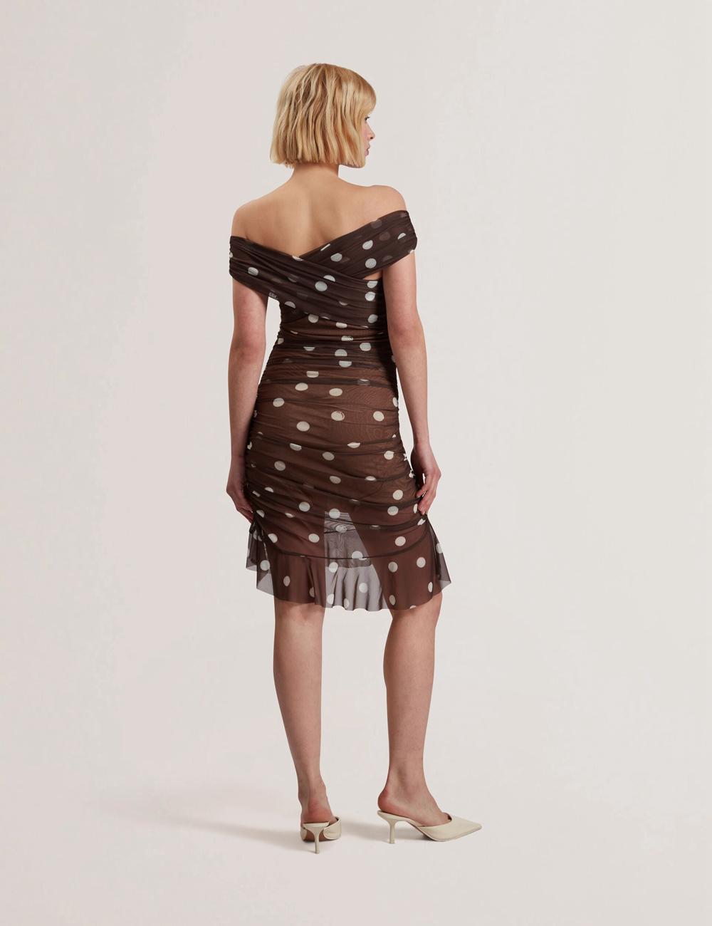 Dk-Brown Women Ted Baker TILDAHH - Off-Shoulder Polka Dot Mesh Mini Dresses | SA  WET-429673