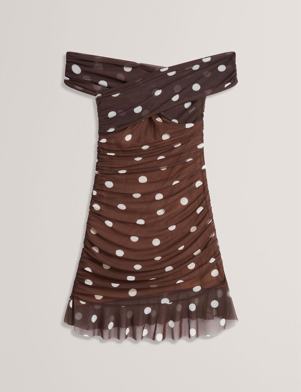 Dk-Brown Women Ted Baker TILDAHH - Off-Shoulder Polka Dot Mesh Mini Dresses | SA  WET-429673
