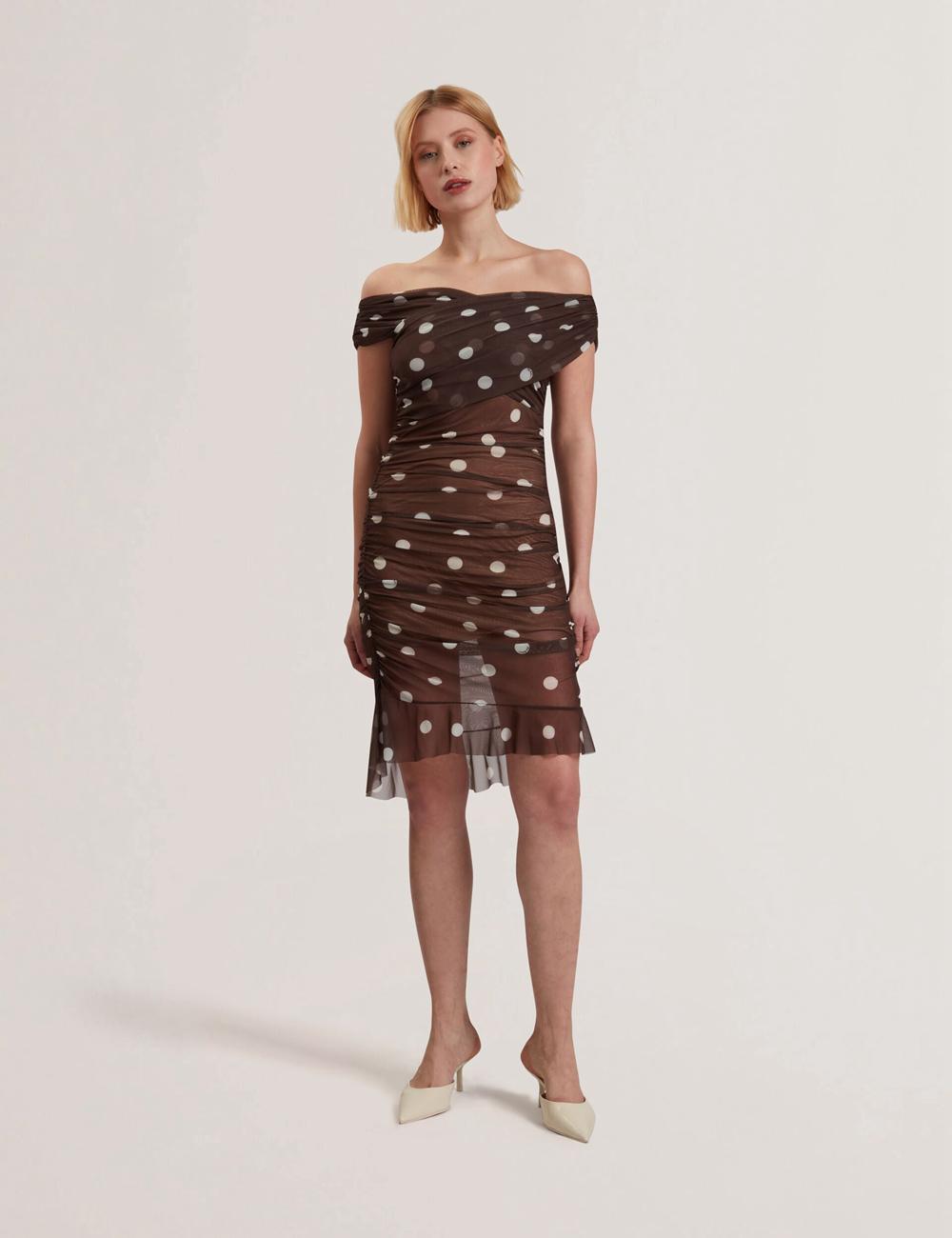 Dk-Brown Women Ted Baker TILDAHH - Off-Shoulder Polka Dot Mesh Mini Dresses | SA  WET-429673