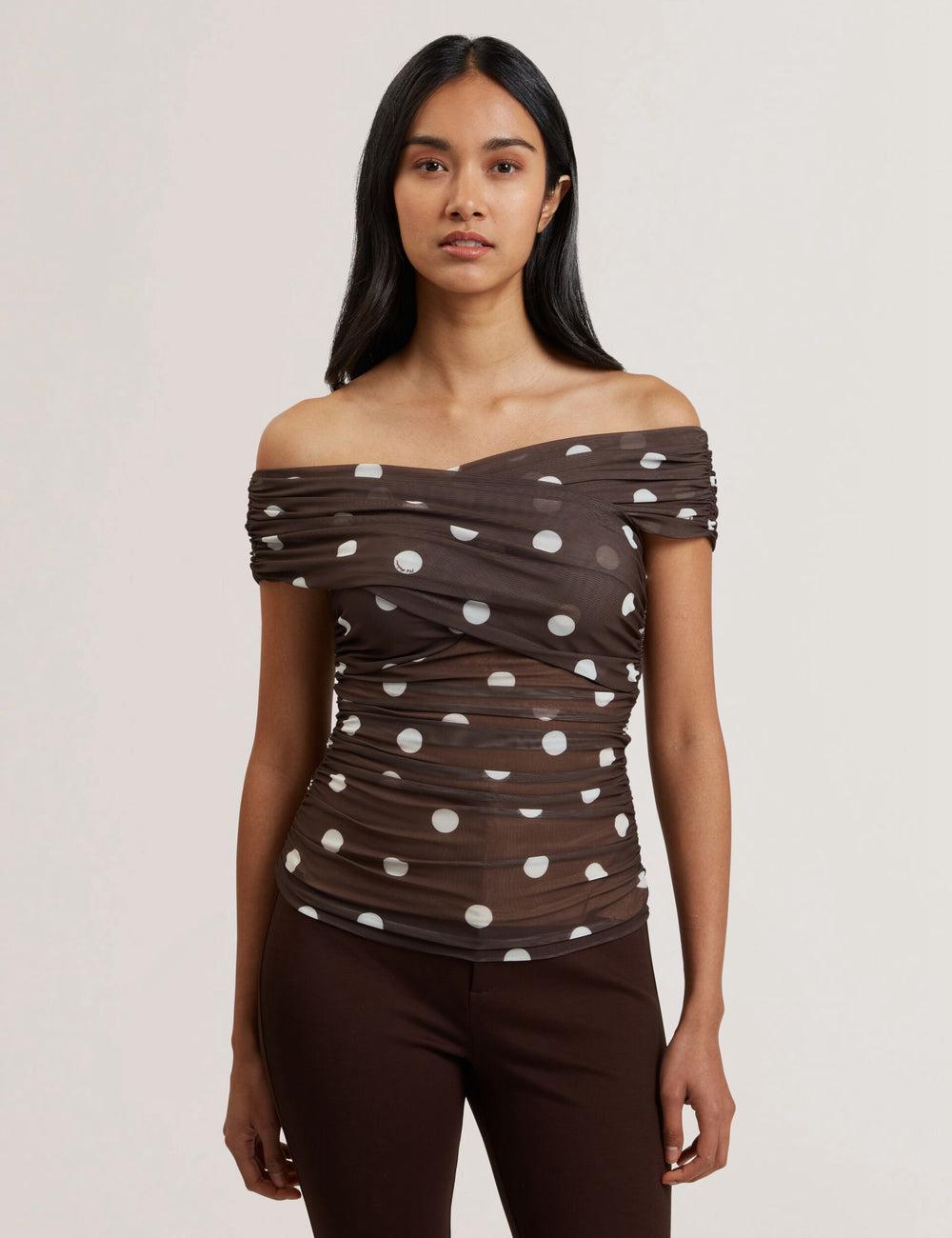 Dk-Brown Women Ted Baker ZAAMO - Off-the-Shoulder Polka Dot Mesh Tops | SA  DOL-842075