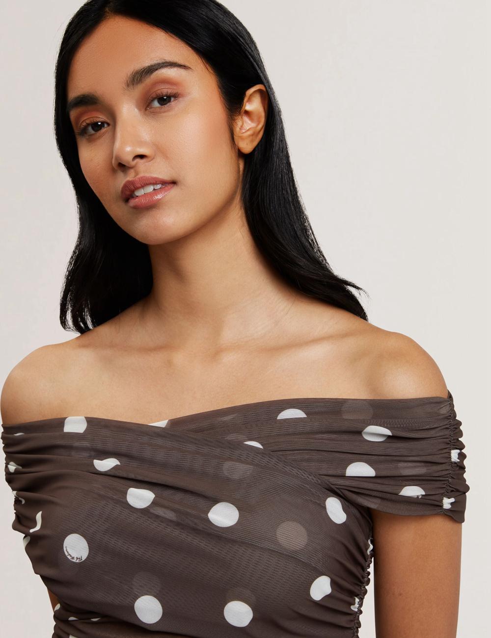 Dk-Brown Women Ted Baker ZAAMO - Off-the-Shoulder Polka Dot Mesh Tops | SA  DOL-842075