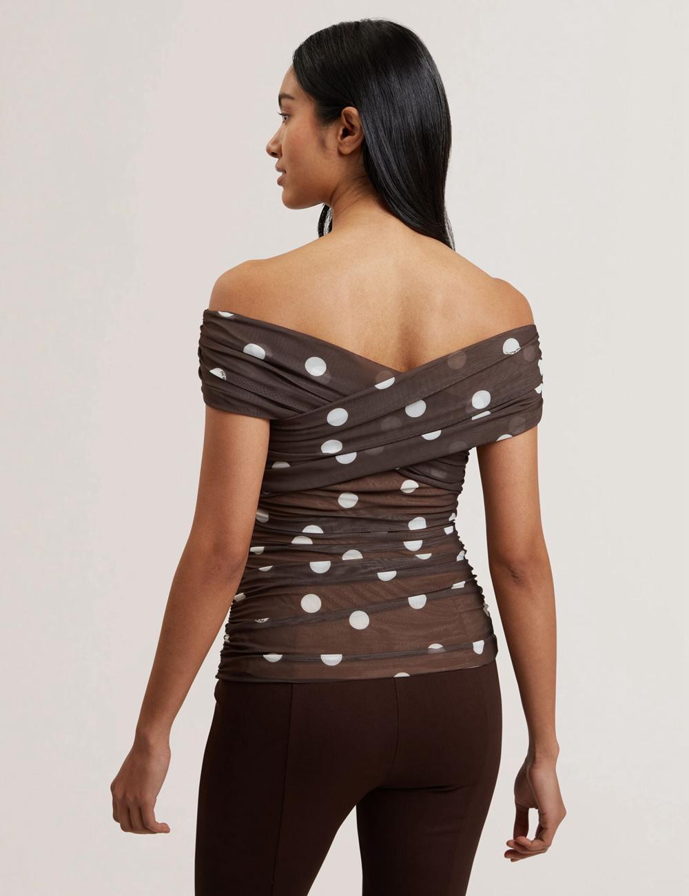 Dk-Brown Women Ted Baker ZAAMO - Off-the-Shoulder Polka Dot Mesh Tops | SA  DOL-842075
