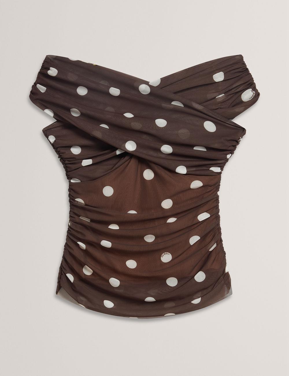 Dk-Brown Women Ted Baker ZAAMO - Off-the-Shoulder Polka Dot Mesh Tops | SA  DOL-842075