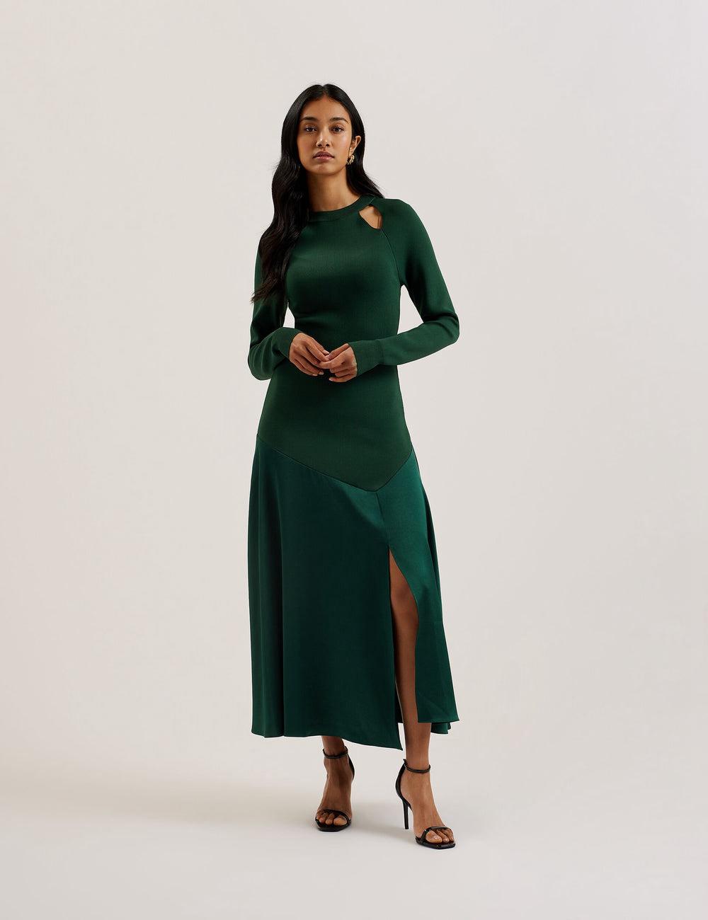 Dk-Green Women Ted Baker ALFEIOS - Long Sleeve Satin Skirt Midi Dresses | SA  VXD-480963