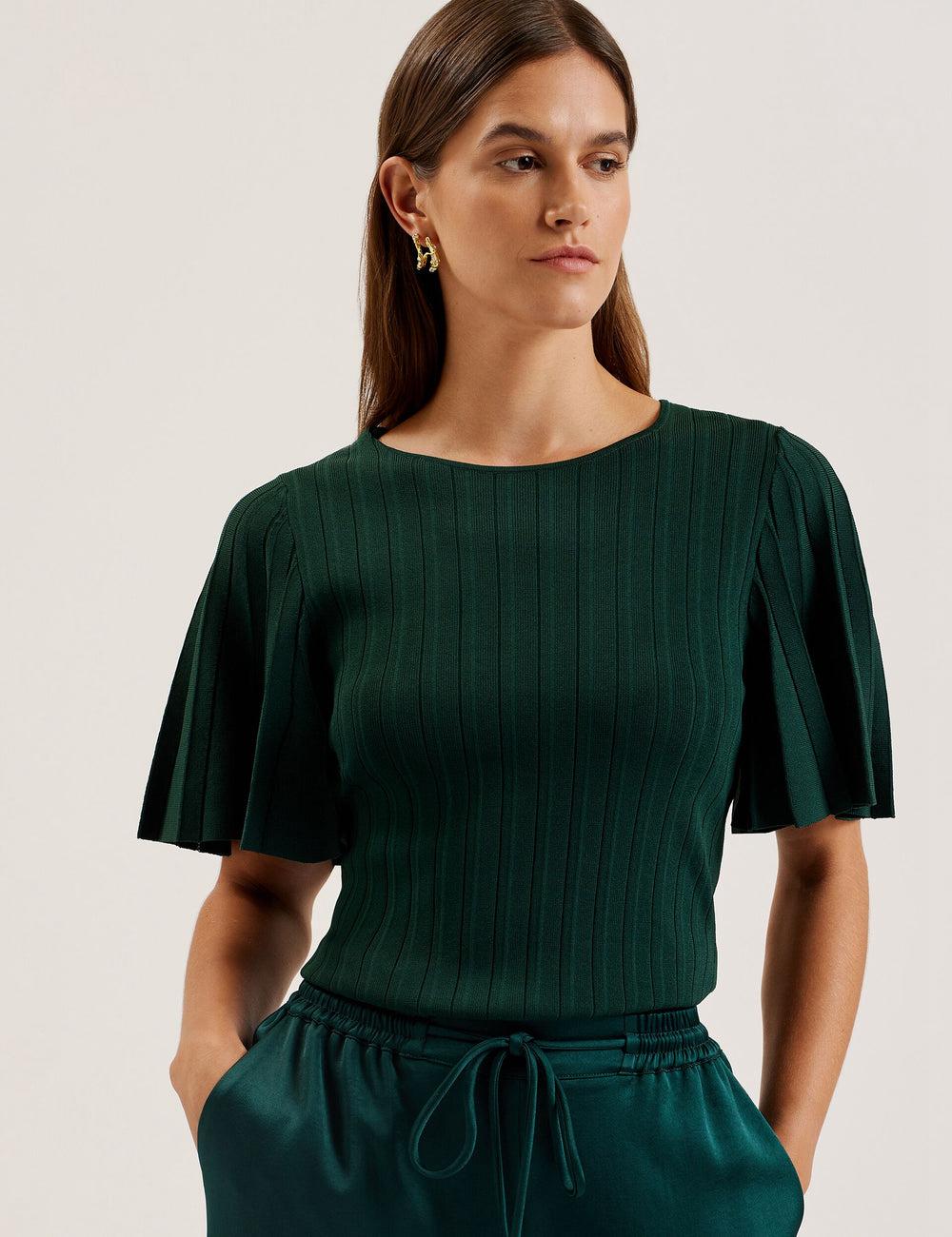 Dk-Green Women Ted Baker IIVANNA - Ribbed Knit Top With Fluted Short Sleeves Jumpers | SA  MJV-162094
