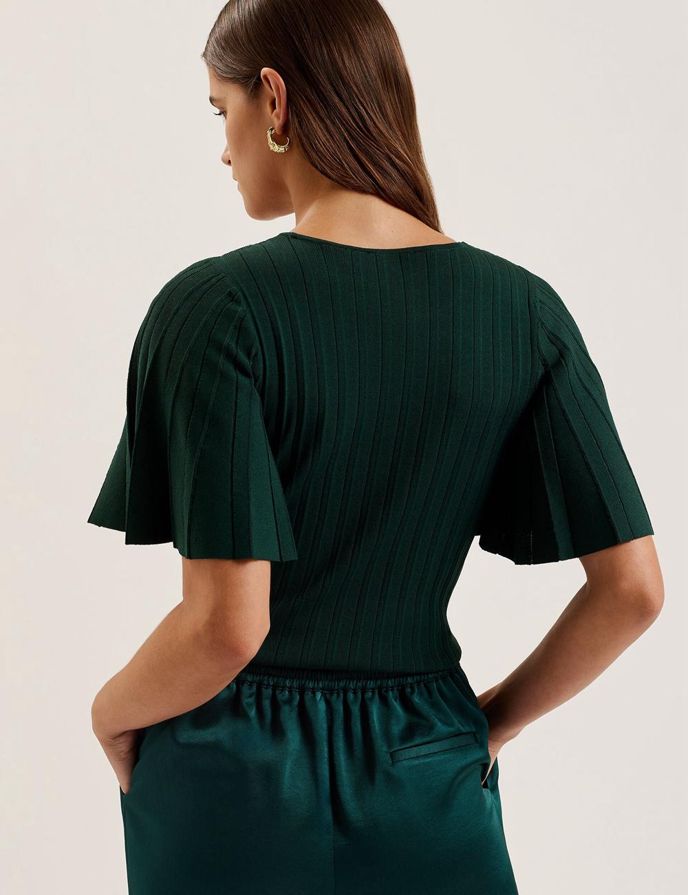 Dk-Green Women Ted Baker IIVANNA - Ribbed Knit Top With Fluted Short Sleeves Jumpers | SA  MJV-162094