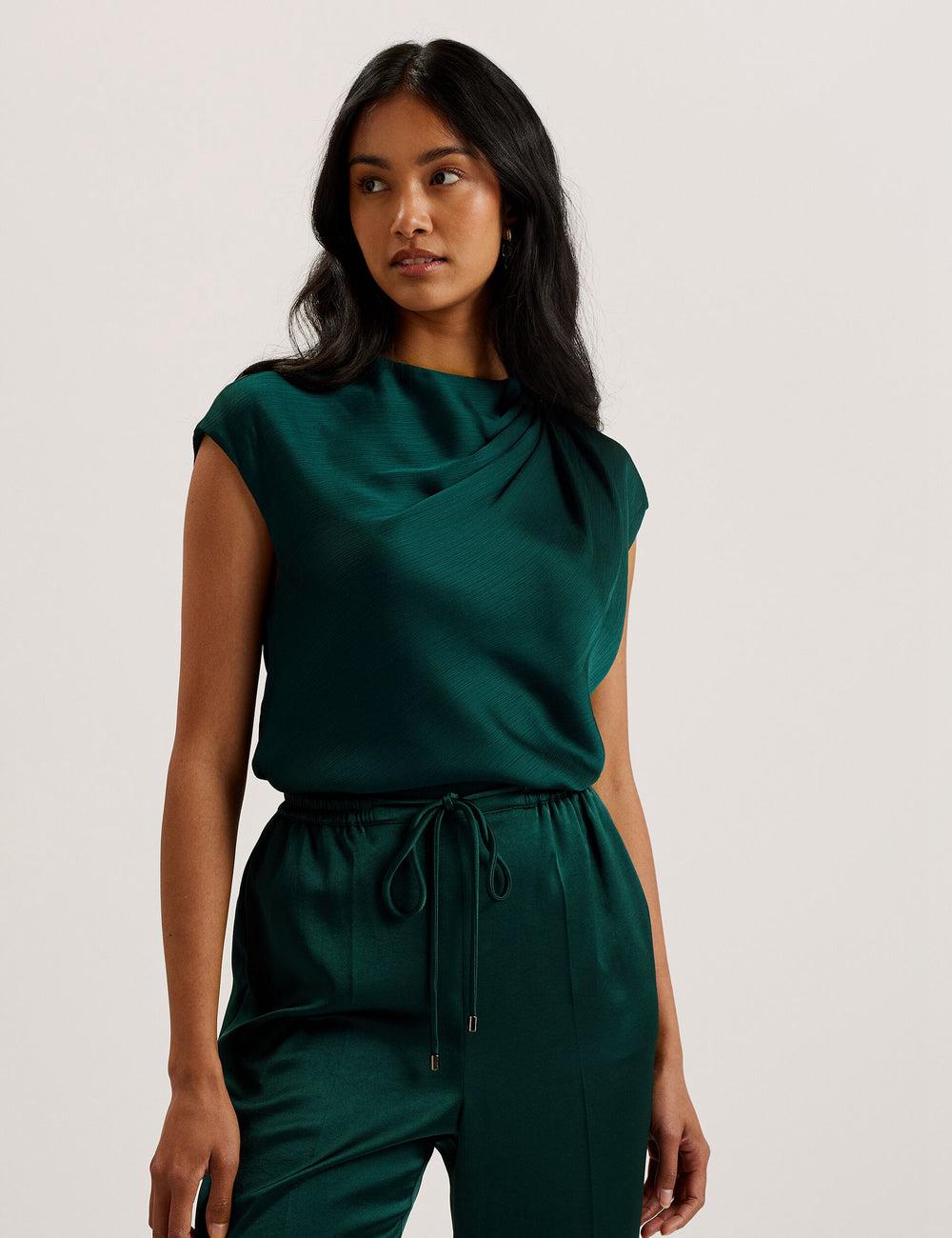 Dk-Green Women Ted Baker MISRINA - Drape Neck Detail Satin Top Jumpers | SA  WXZ-078615