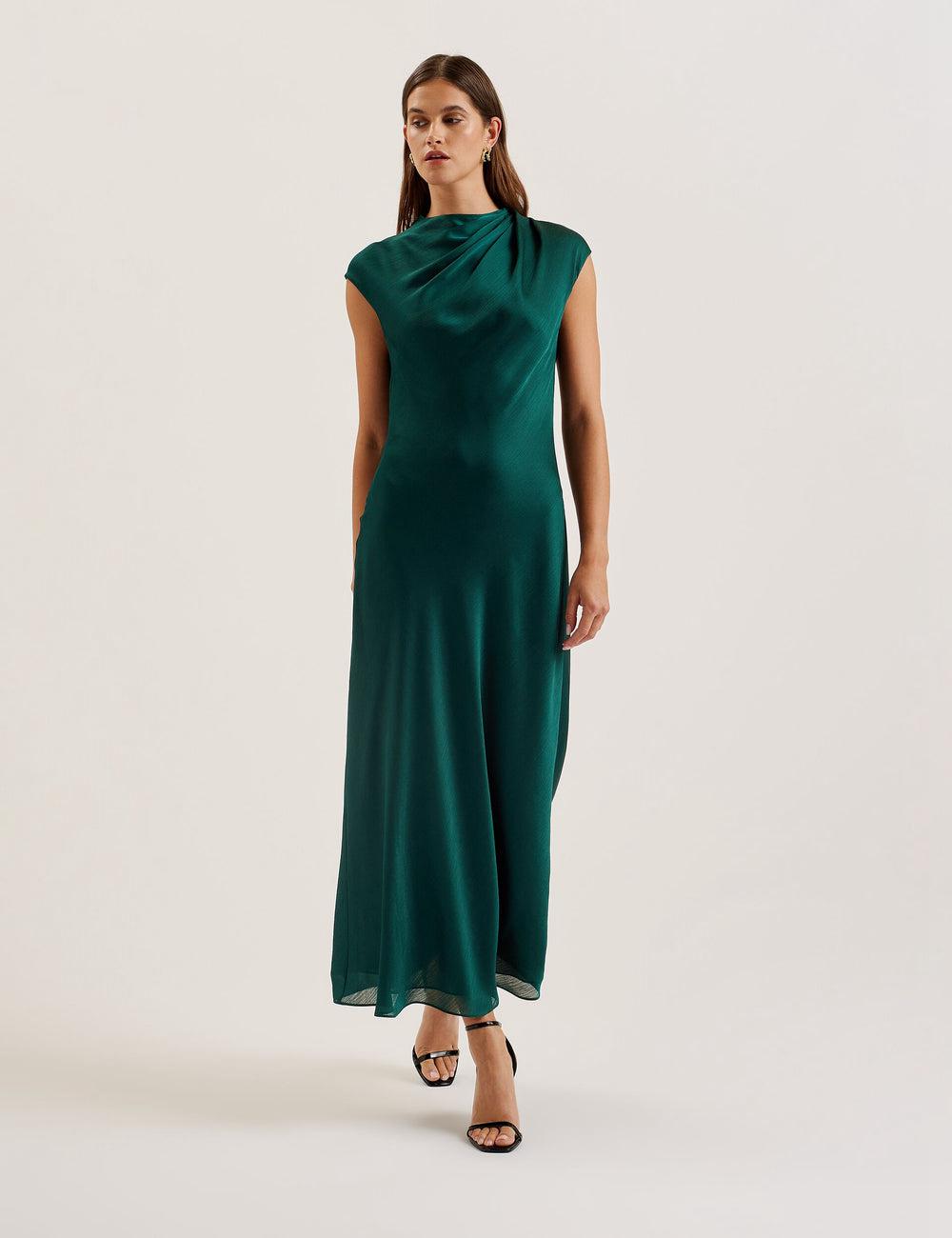 Dk-Green Women Ted Baker RIMINI - Chiffon Drape Neck Detail Maxi Dresses | SA  CUV-802916