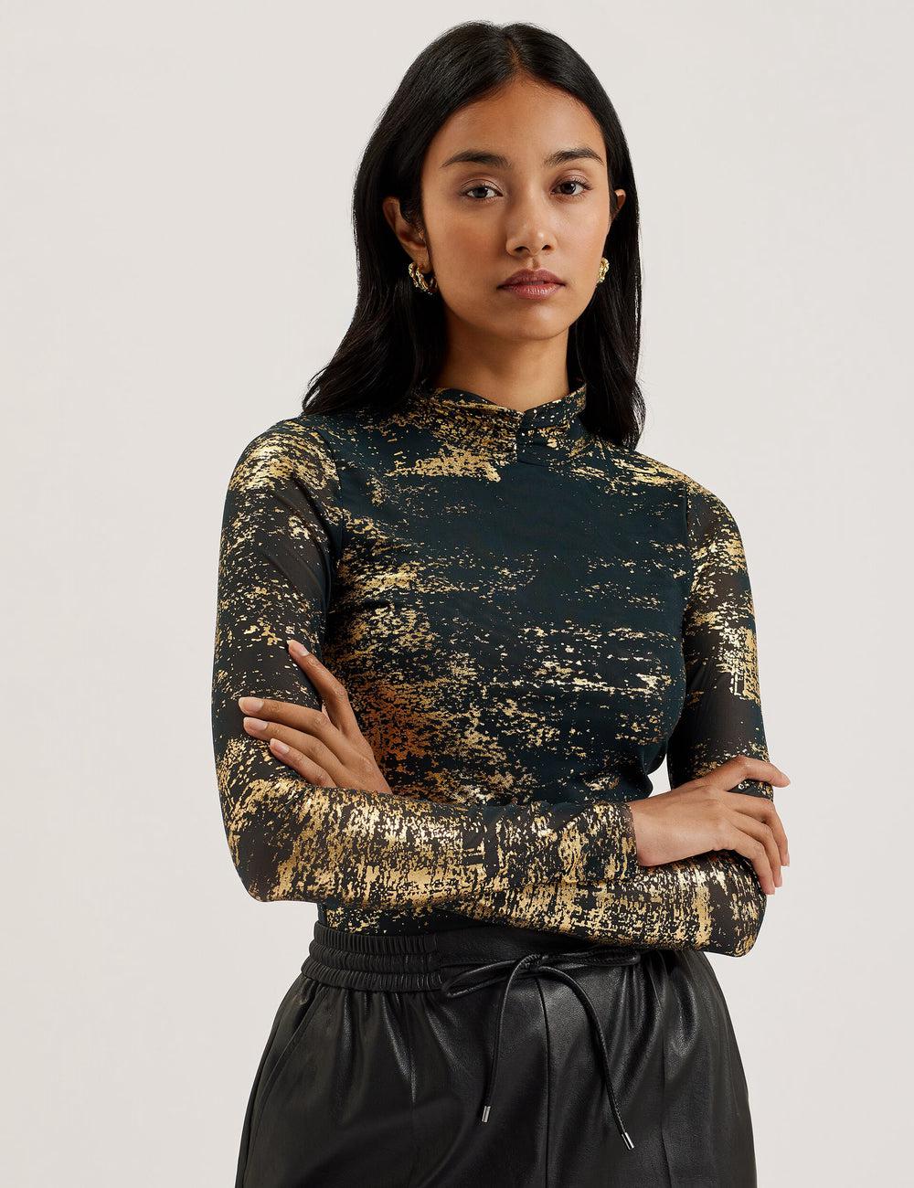 Dk-Green Women Ted Baker SOFIY - Foil Print High Neck Mesh Top Jumpers | SA  BED-487356