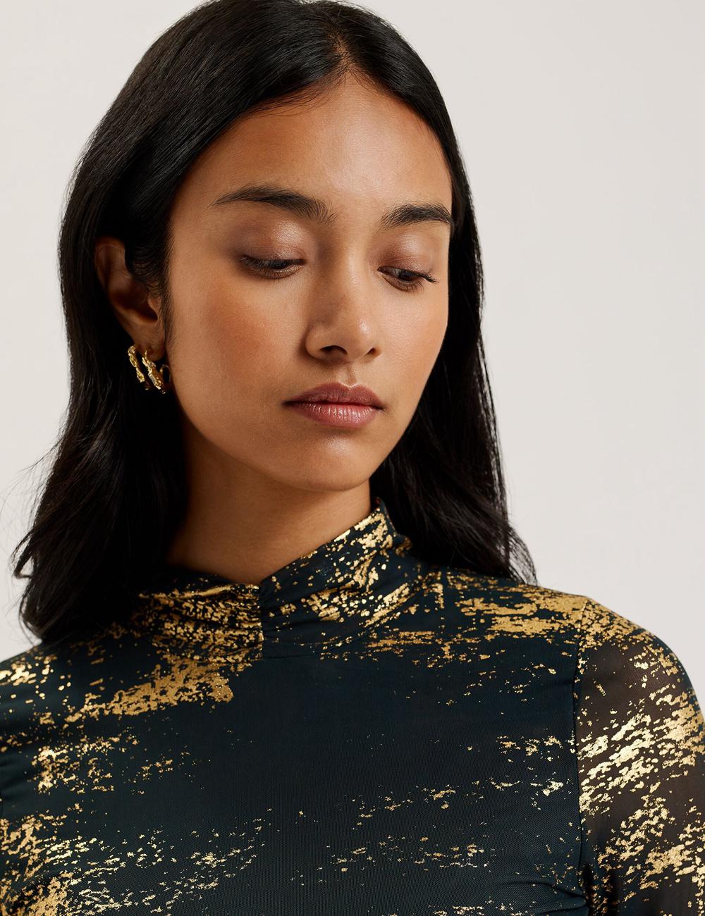 Dk-Green Women Ted Baker SOFIY - Foil Print High Neck Mesh Top Jumpers | SA  BED-487356