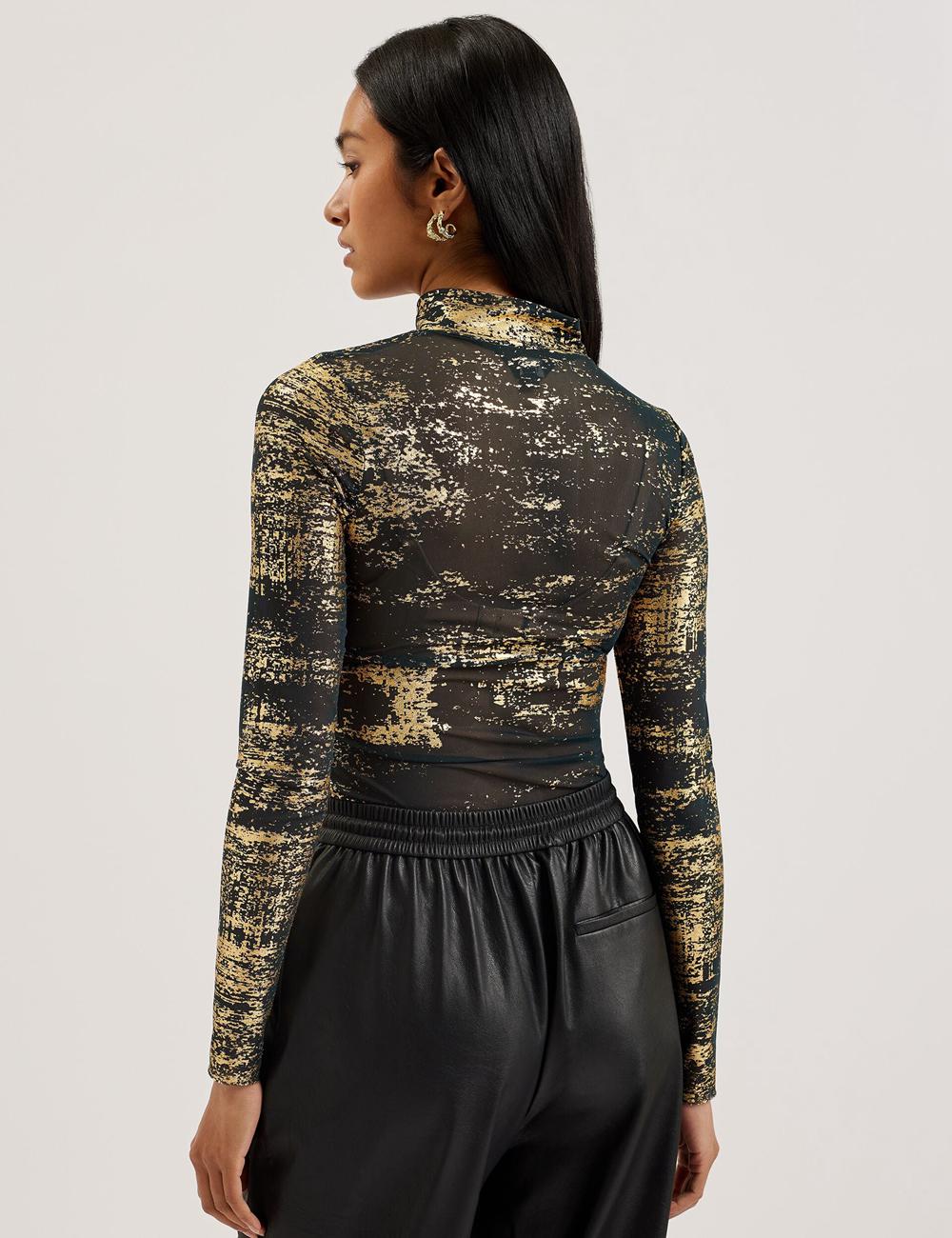 Dk-Green Women Ted Baker SOFIY - Foil Print High Neck Mesh Top Jumpers | SA  BED-487356