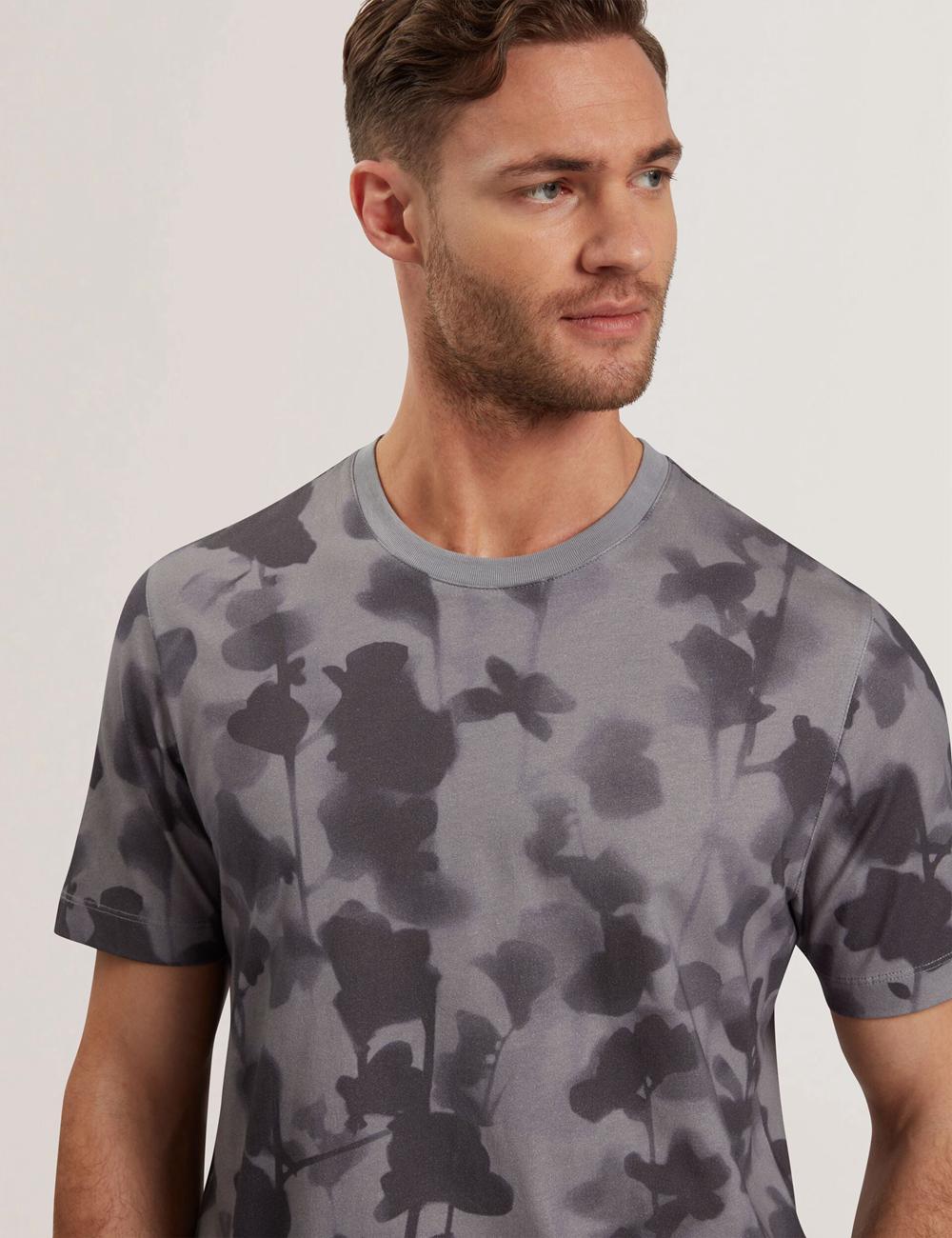 Dk-Grey Men Ted Baker DENNISS - Monochrome Floral Print Cotton T-Shirts | SA  QUF-754631