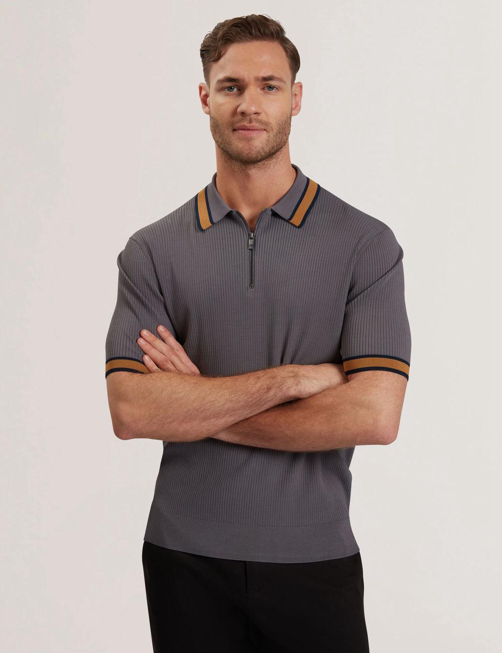 Dk-Grey Men Ted Baker RAFAELO - Striped Trim Zip Neck Ribbed Polos Shirts | SA  JDV-097412