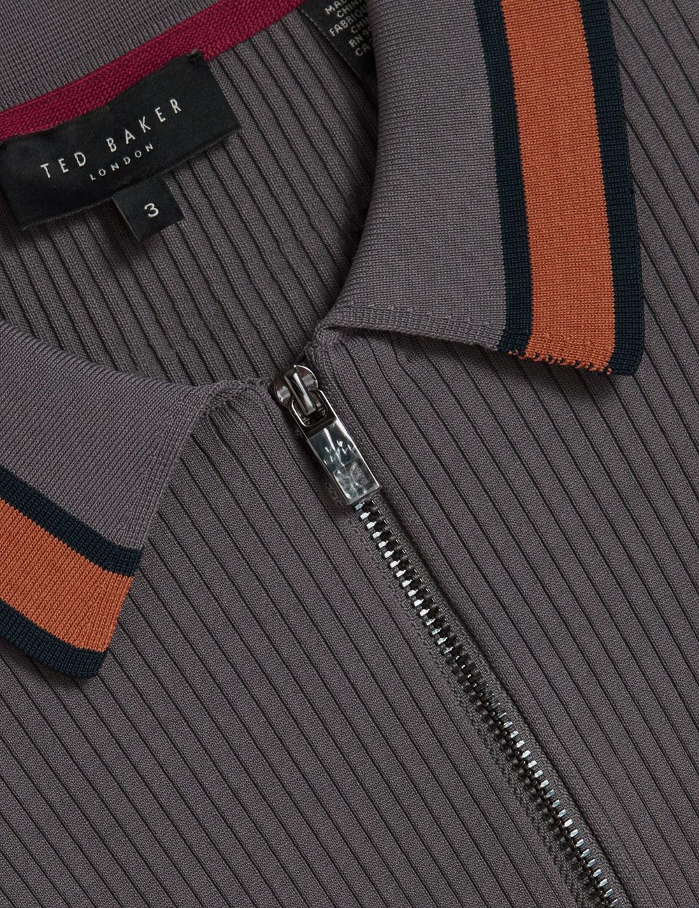Dk-Grey Men Ted Baker RAFAELO - Striped Trim Zip Neck Ribbed Polos Shirts | SA  JDV-097412