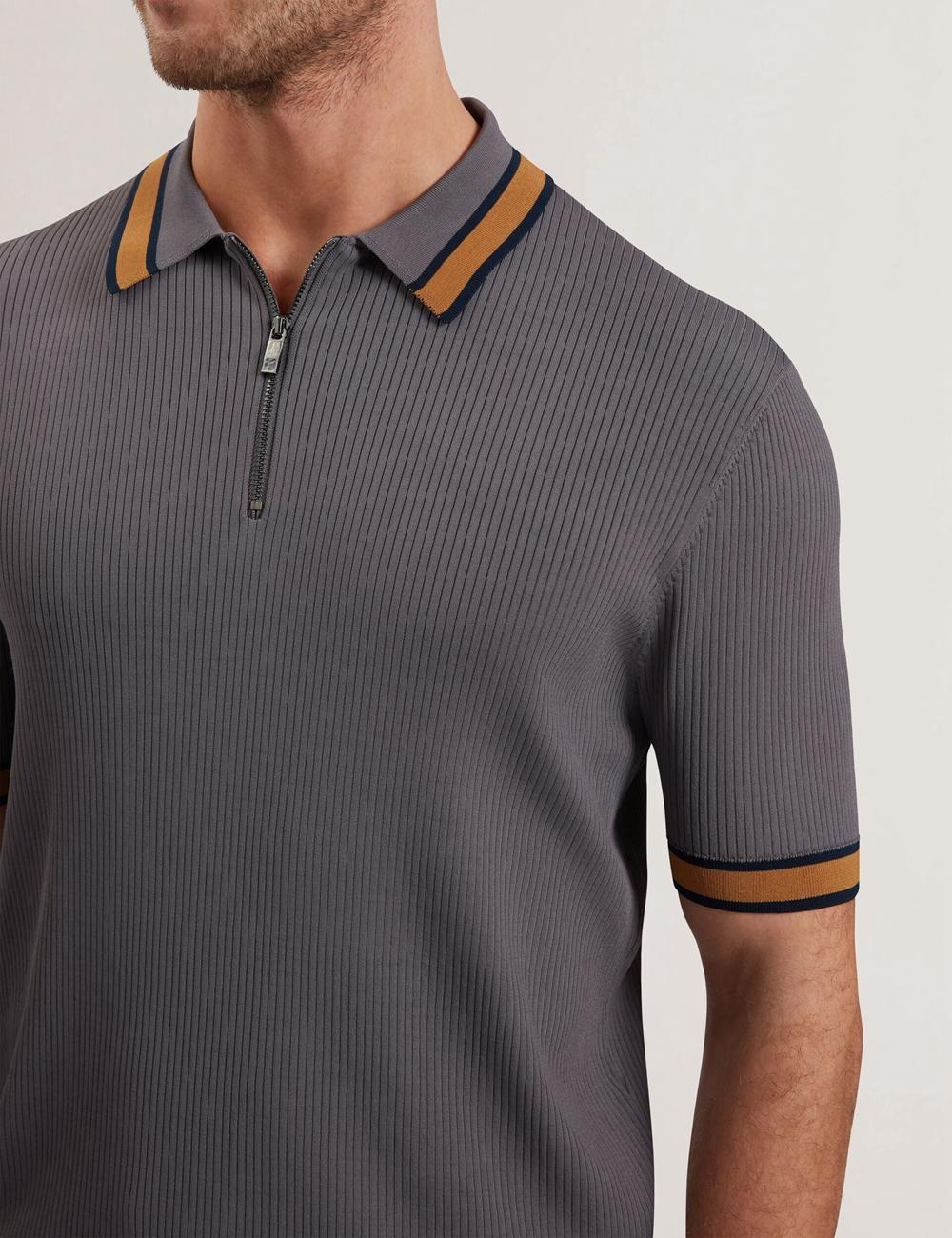 Dk-Grey Men Ted Baker RAFAELO - Striped Trim Zip Neck Ribbed Polos Shirts | SA  JDV-097412