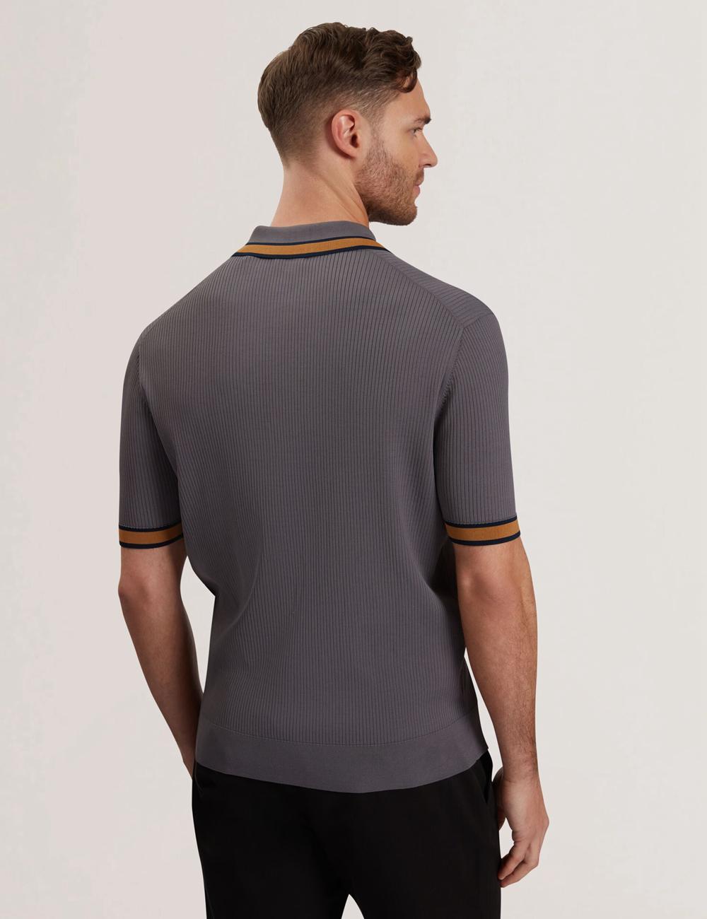 Dk-Grey Men Ted Baker RAFAELO - Striped Trim Zip Neck Ribbed Polos Shirts | SA  JDV-097412