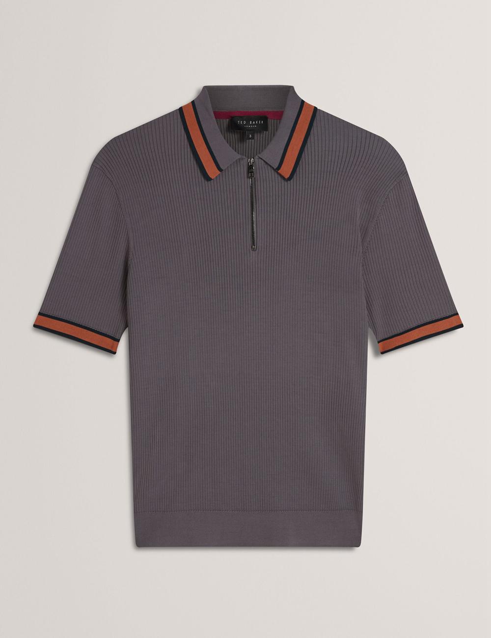 Dk-Grey Men Ted Baker RAFAELO - Striped Trim Zip Neck Ribbed Polos Shirts | SA  JDV-097412