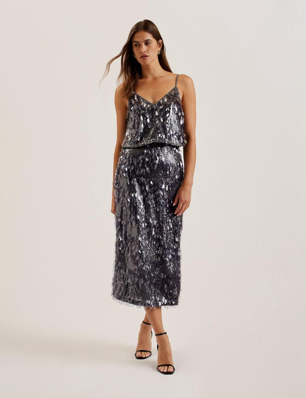 Dk-Grey Women Ted Baker DORIDA - Mixed Sequin With Slit Midi Skirts | SA  URH-806549