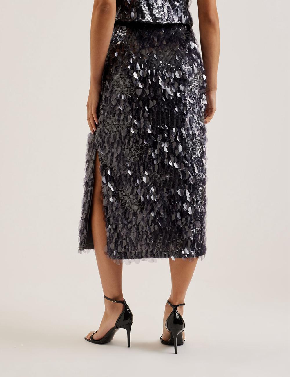 Dk-Grey Women Ted Baker DORIDA - Mixed Sequin With Slit Midi Skirts | SA  URH-806549
