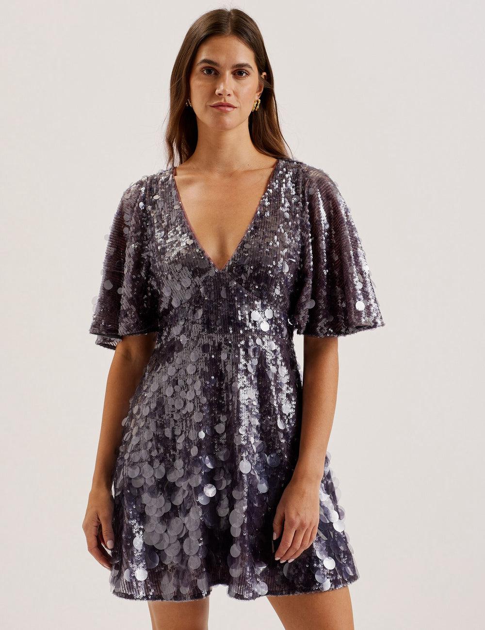 Dk-Grey Women Ted Baker ELISONA - Sequin V-Neck Cape Sleeve Mini Dresses | SA  ZUJ-520891